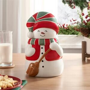Holiday 73oz Snowman Glazed Ceramic Cookie Jar Lid Canister Christmas Table Deco
